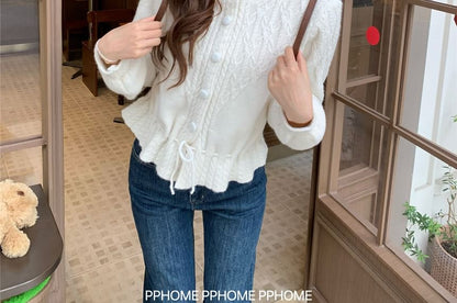 Round Neck Plain Drawstring Cable Knit Cardigan
