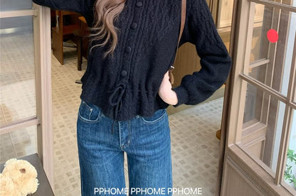 Round Neck Plain Drawstring Cable Knit Cardigan