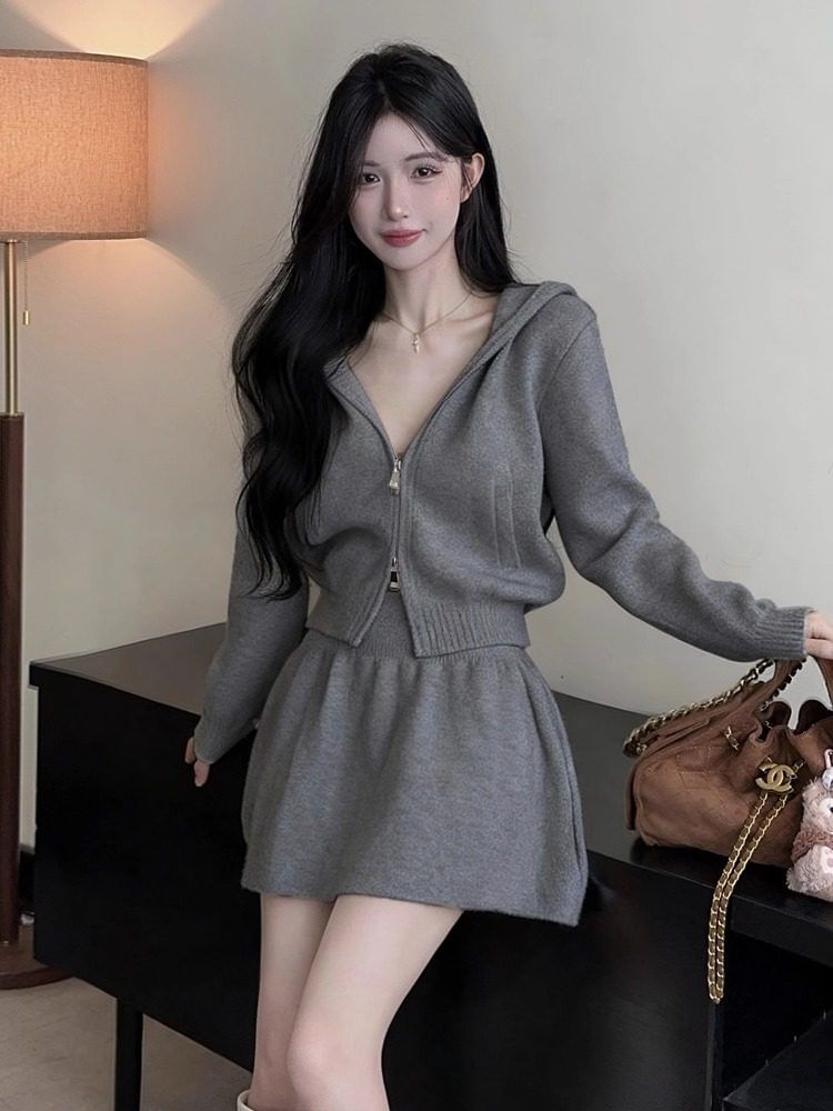 Set: Plain Hood Zip Cardigan + High Waist Knit Mini A-Line Skirt