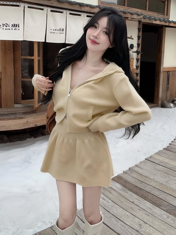 Set: Plain Hood Zip Cardigan + High Waist Knit Mini A-Line Skirt