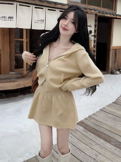 Set: Plain Hood Zip Cardigan + High Waist Knit Mini A-Line Skirt