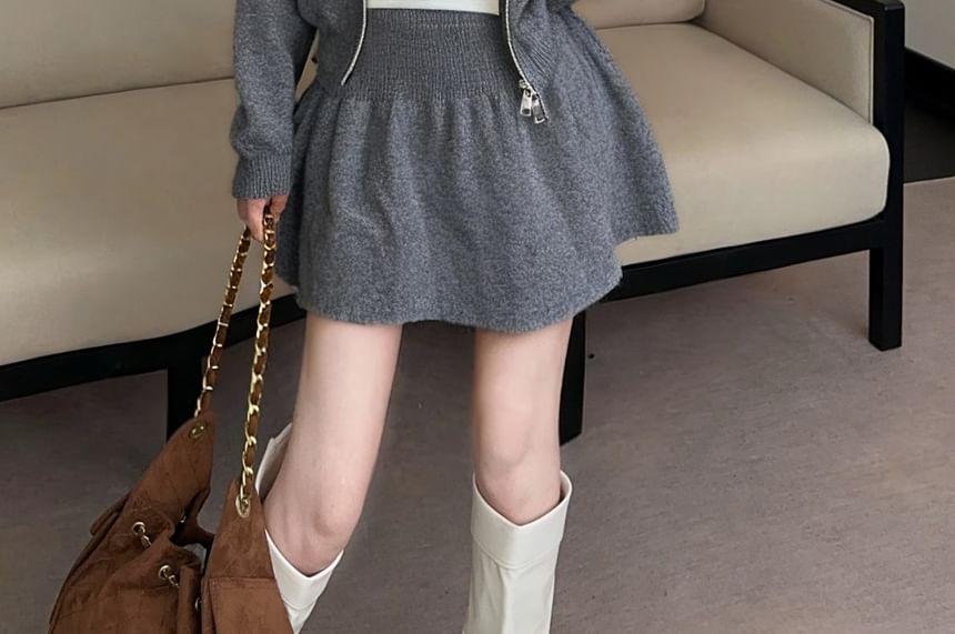 Set: Plain Hood Zip Cardigan + High Waist Knit Mini A-Line Skirt