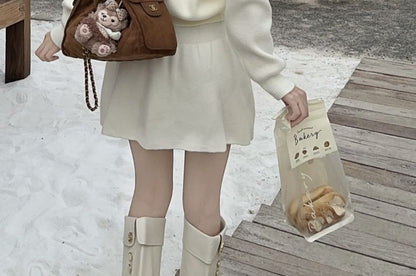 Set: Plain Hood Zip Cardigan + High Waist Knit Mini A-Line Skirt
