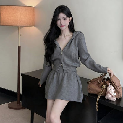 Set: Plain Hood Zip Cardigan + High Waist Knit Mini A-Line Skirt