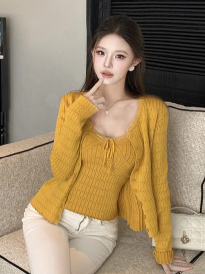 Set: Crew Neck Button-Up Plain Crop Cardigan + Camisole Top