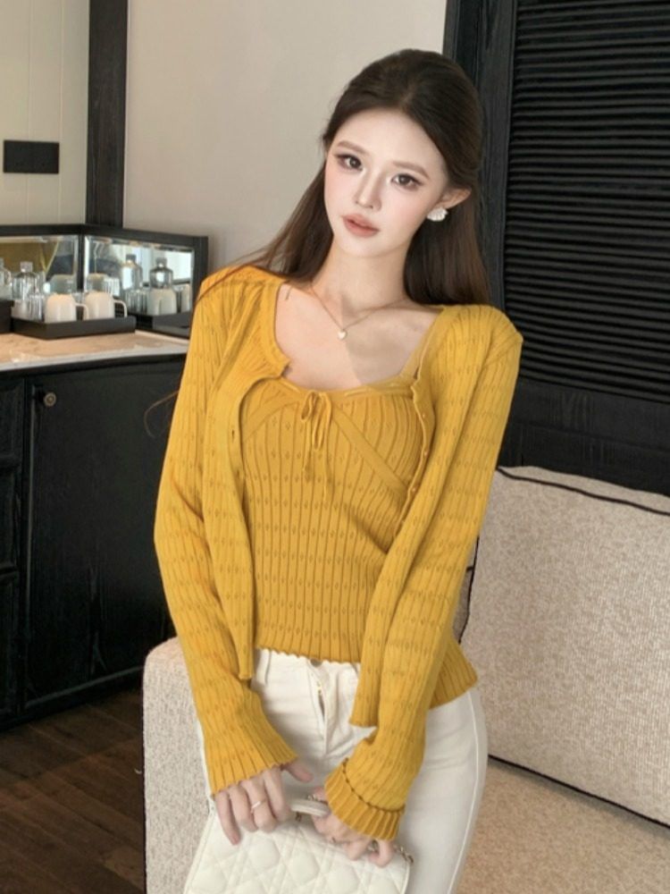 Set: Crew Neck Button-Up Plain Crop Cardigan + Camisole Top
