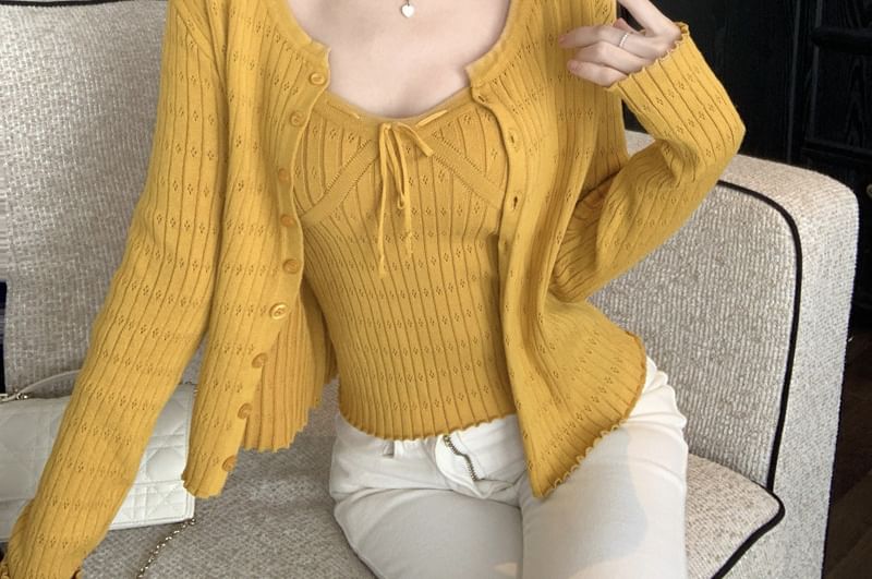 Set: Crew Neck Button-Up Plain Crop Cardigan + Camisole Top