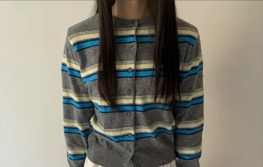 Round Neck Multicolor Striped Cardigan