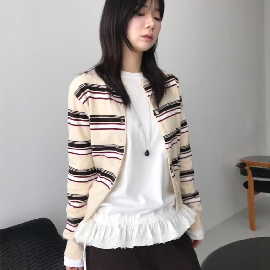 Round Neck Multicolor Striped Cardigan