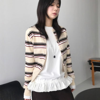Round Neck Multicolor Striped Cardigan
