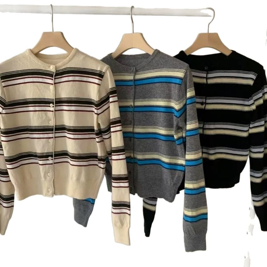 Round Neck Multicolor Striped Cardigan