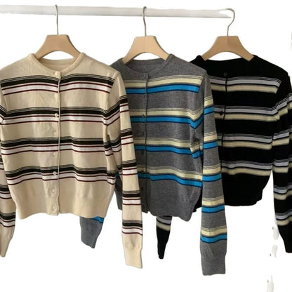 Round Neck Multicolor Striped Cardigan