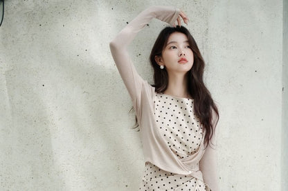 Sleeveless Round Neck Dotted Tie Waist Maxi A-Line Dress / Plain Button Up Cardigan / Set