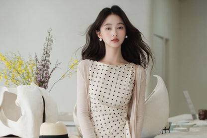 Sleeveless Round Neck Dotted Tie Waist Maxi A-Line Dress / Plain Button Up Cardigan / Set