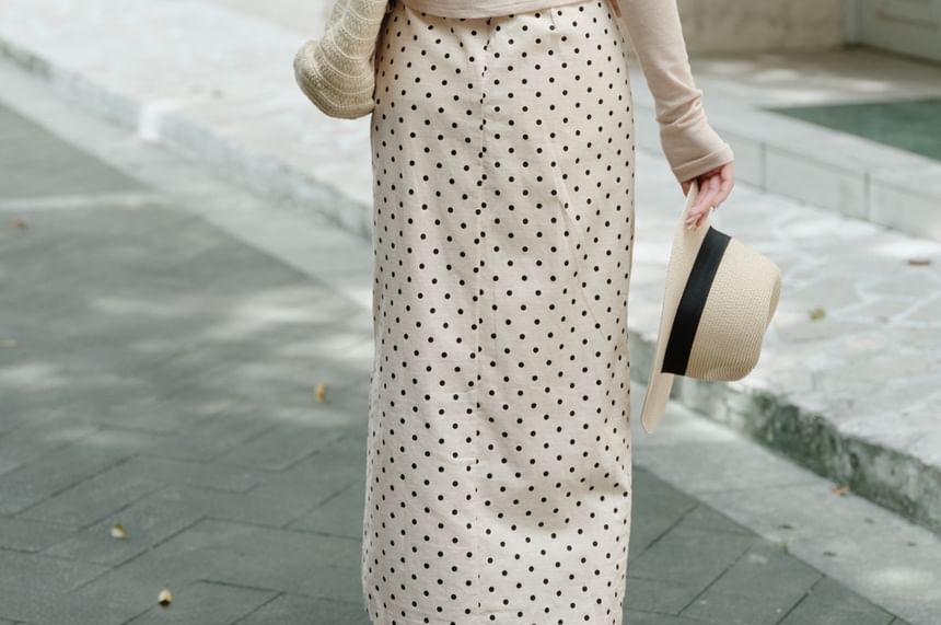 Sleeveless Round Neck Dotted Tie Waist Maxi A-Line Dress / Plain Button Up Cardigan / Set