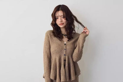 Set: V-Neck Plain Ruffle Hem Button-Up Cardigan + Mid Rise Wide Leg Pants