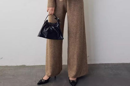 Set: V-Neck Plain Ruffle Hem Button-Up Cardigan + Mid Rise Wide Leg Pants