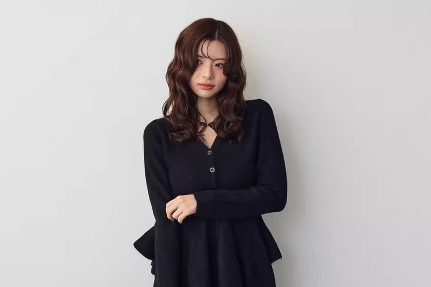 Set: V-Neck Plain Ruffle Hem Button-Up Cardigan + Mid Rise Wide Leg Pants