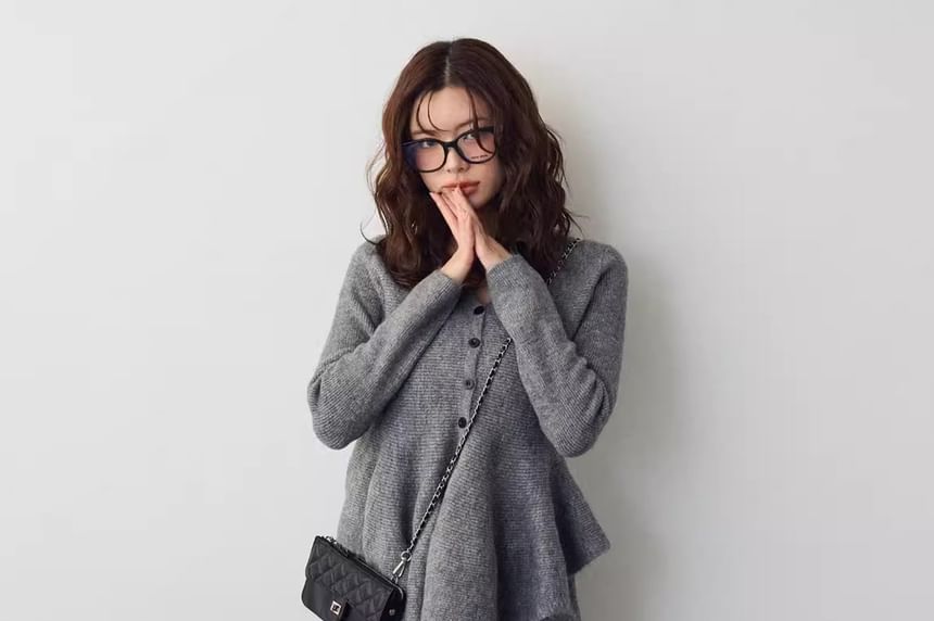 Set: V-Neck Plain Ruffle Hem Button-Up Cardigan + Mid Rise Wide Leg Pants