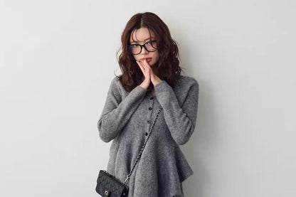 Set: V-Neck Plain Ruffle Hem Button-Up Cardigan + Mid Rise Wide Leg Pants