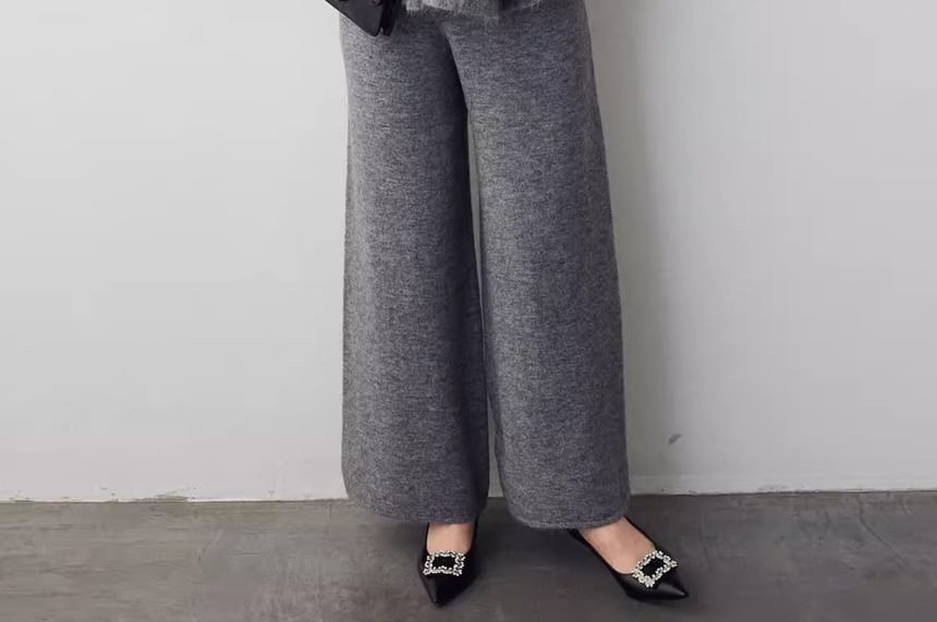 Set: V-Neck Plain Ruffle Hem Button-Up Cardigan + Mid Rise Wide Leg Pants