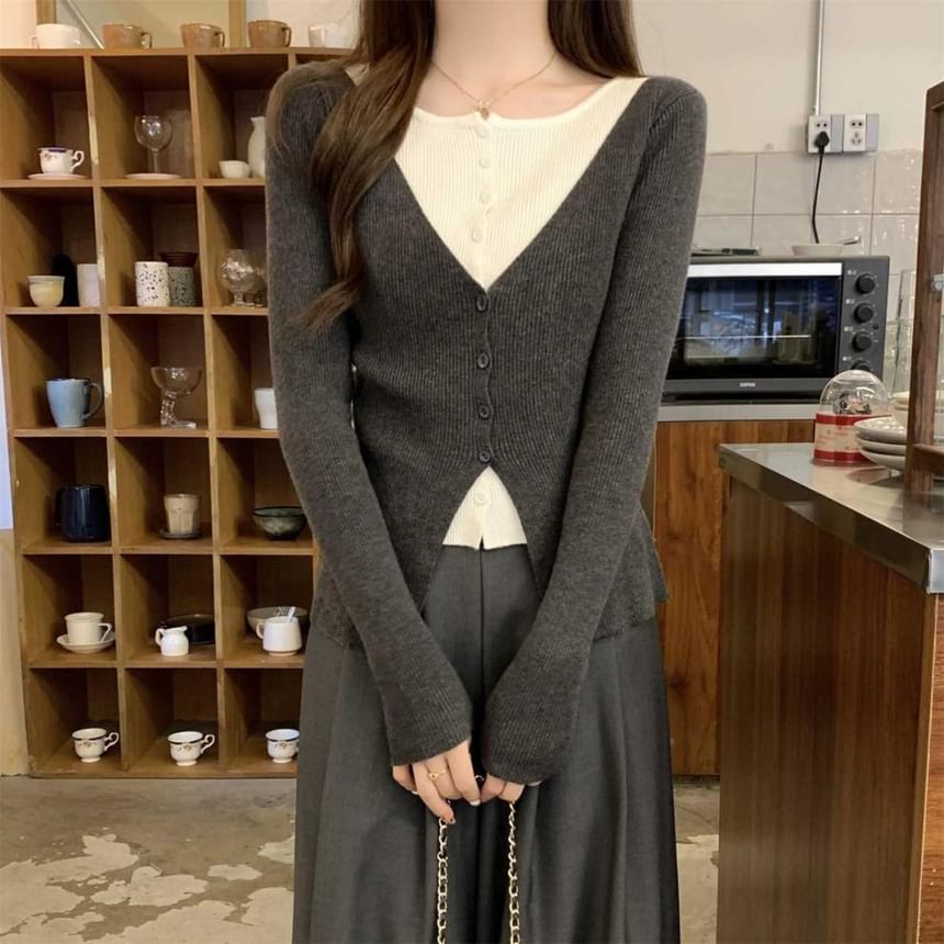 Mock Two-Piece Crew Neck Two Tone Button-Up Cardigan