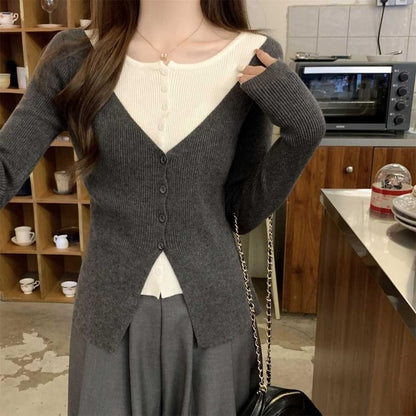 Mock Two-Piece Crew Neck Two Tone Button-Up Cardigan