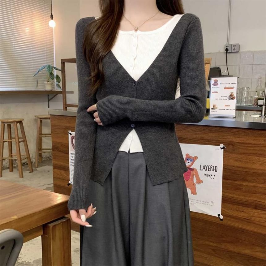 Mock Two-Piece Crew Neck Two Tone Button-Up Cardigan