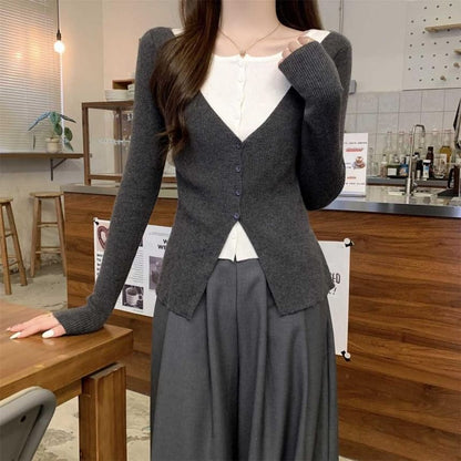 Mock Two-Piece Crew Neck Two Tone Button-Up Cardigan
