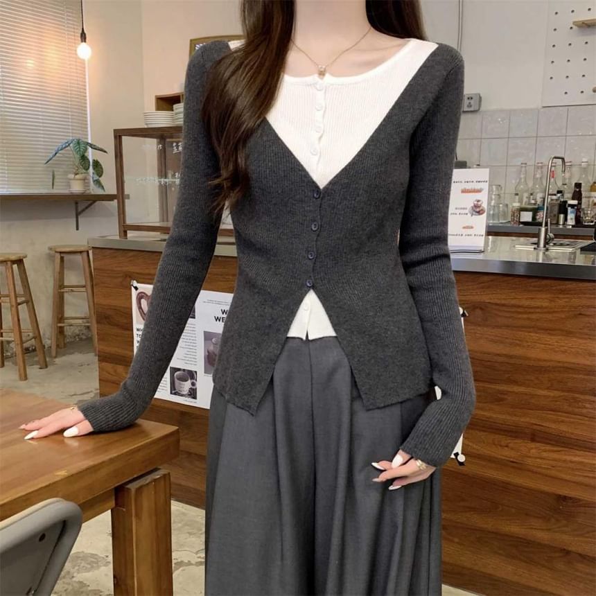 Mock Two-Piece Crew Neck Two Tone Button-Up Cardigan