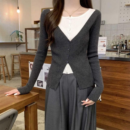 Mock Two-Piece Crew Neck Two Tone Button-Up Cardigan