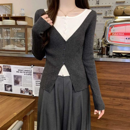 Mock Two-Piece Crew Neck Two Tone Button-Up Cardigan