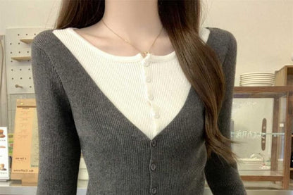Mock Two-Piece Crew Neck Two Tone Button-Up Cardigan