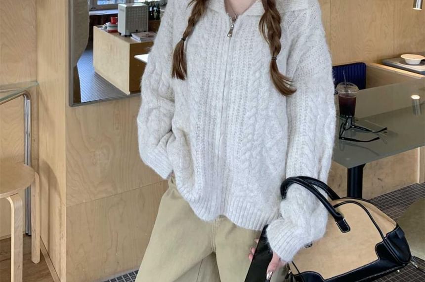 Collared Zip-Up Plain Cable Knit Cardigan