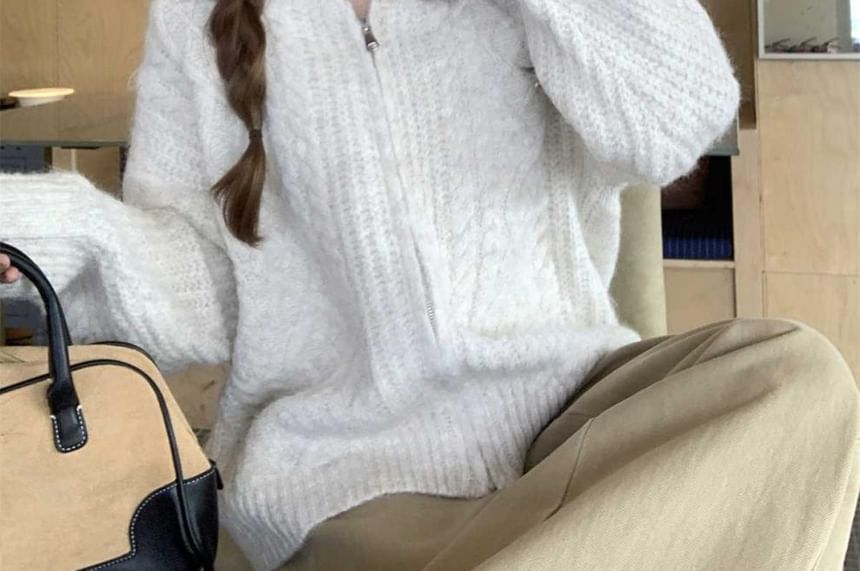 Collared Zip-Up Plain Cable Knit Cardigan
