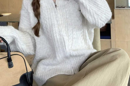 Collared Zip-Up Plain Cable Knit Cardigan