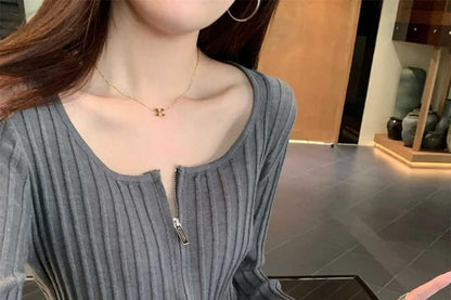 Scoop Neck Zip-Up Plain Crop Cardigan