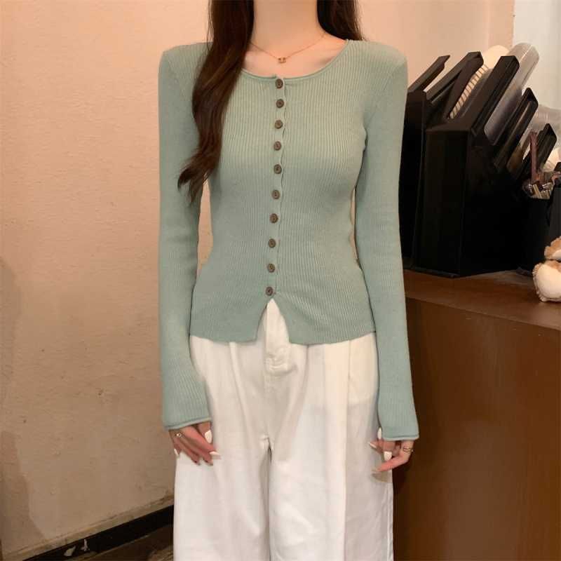 Crew Neck Button-Up Plain Cardigan