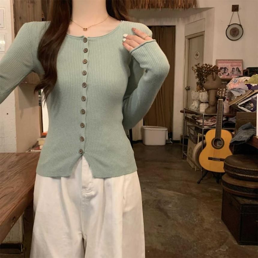 Crew Neck Button-Up Plain Cardigan