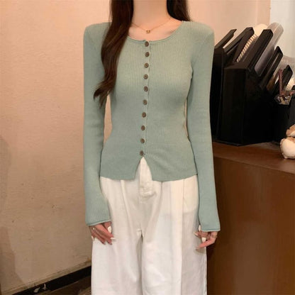 Crew Neck Button-Up Plain Cardigan