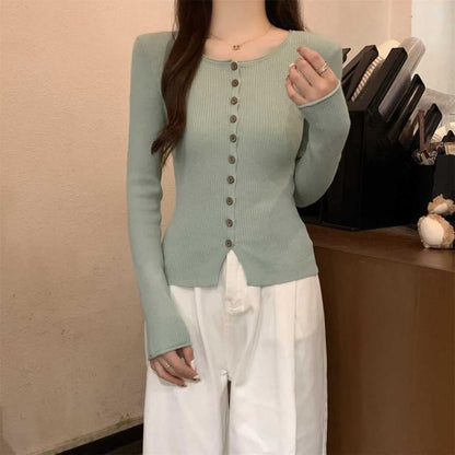 Crew Neck Button-Up Plain Cardigan