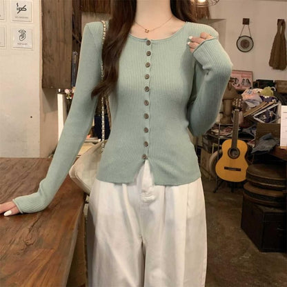 Crew Neck Button-Up Plain Cardigan