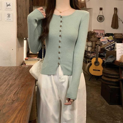 Crew Neck Button-Up Plain Cardigan