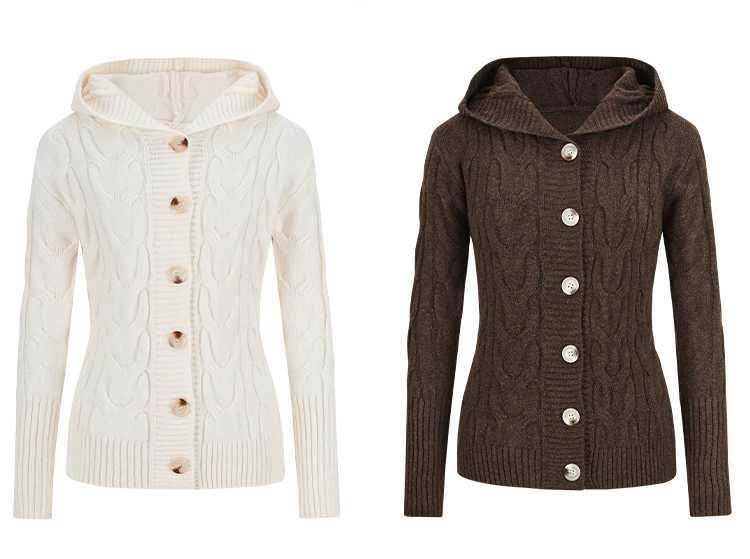 Hooded Button-Up Plain Cable Knit Cardigan