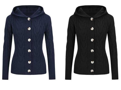 Hooded Button-Up Plain Cable Knit Cardigan
