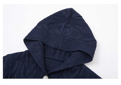 Hooded Button-Up Plain Cable Knit Cardigan
