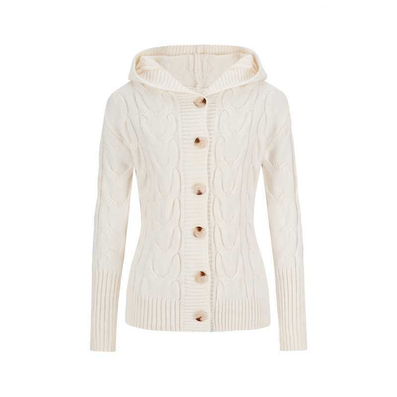 Hooded Button-Up Plain Cable Knit Cardigan