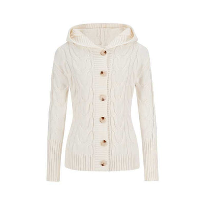 Hooded Button-Up Plain Cable Knit Cardigan