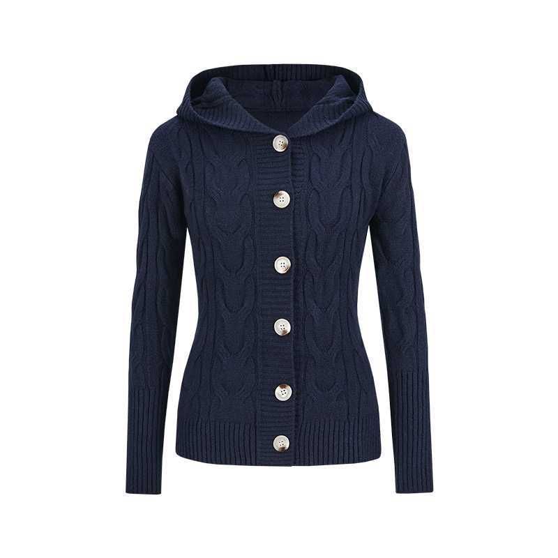 Hooded Button-Up Plain Cable Knit Cardigan
