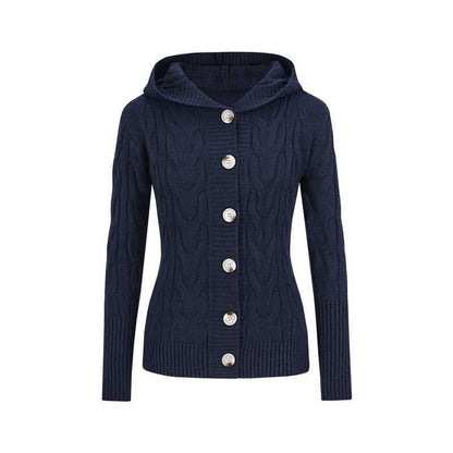 Hooded Button-Up Plain Cable Knit Cardigan